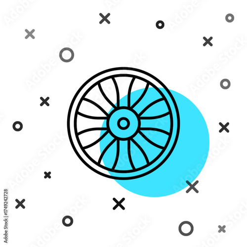 Black line Alloy wheel for car icon isolated on white background. Random dynamic shapes. Vector