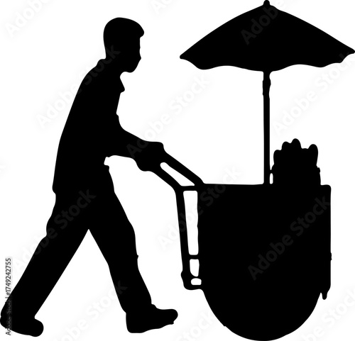 Silhouette of a street vendor pushing a cart with an umbrella in an alleyway, likely selling food or goods.