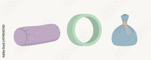 Pastel household objects with lavender bolster green ring and blue drawstring bag on cream background