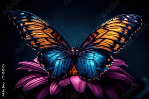 Vibrant butterfly perched on flower against dark backdrop. digital art piece that features