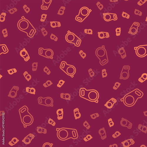 Brown line Retractable cord leash with carabiner icon isolated seamless pattern on red background. Pet dog lead. Animal accessory for outdoors walk. Vector