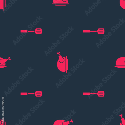 Set Barbecue spatula and Roasted turkey or chicken on seamless pattern. Vector