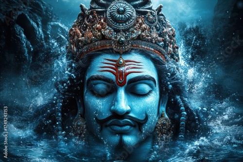 Lord Krishna Celebrating Janmashtami Underwater: Festive Indian Holiday Greeting Background digital art piece that appears