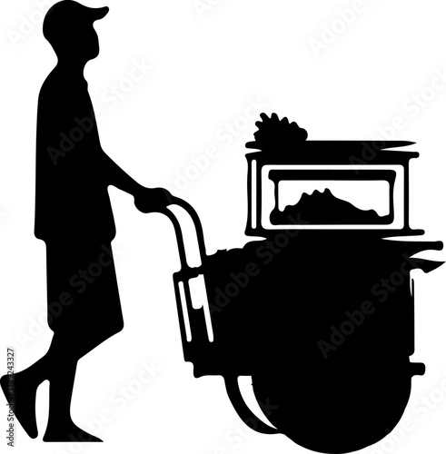 A silhouette of a street vendor pushing a cart filled with goods, possibly in an alleyway.