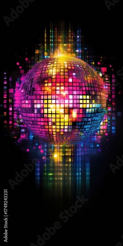 Sparkling Disco Ball Suspended in Air Against Vibrant Background, digital art piece that appears