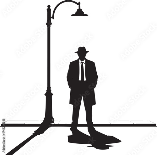 Silhouette of man in fedora and trench coat under street lamp