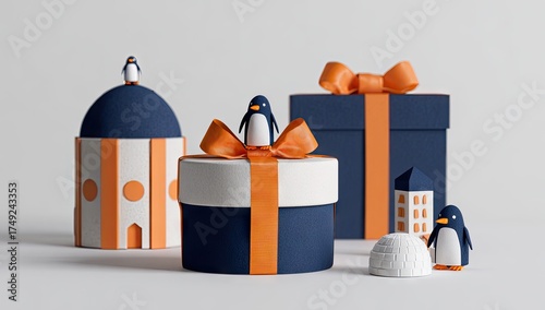 Playful penguin gifts festive presentation with bows and decorative elements