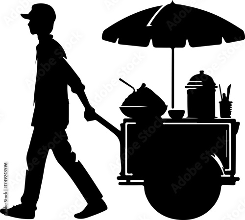 A black and white silhouette of a street vendor with a pushcart in an alley. The vendor is pulling the cart.