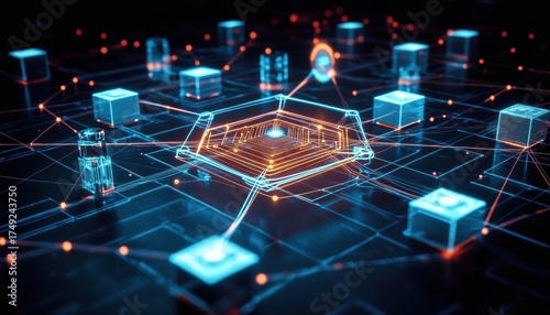 Connected IoT Network with Nodes, Devices, and Connections: Graphical Representation. digital illustration interconnected lines