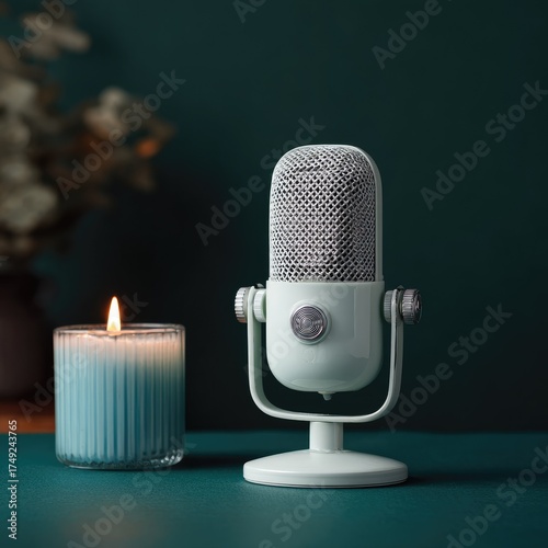 Professional microphone and candle with soft lighting on a green background