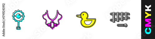 Set Rattle baby toy, Slingshot, Rubber duck and Xylophone icon. Vector