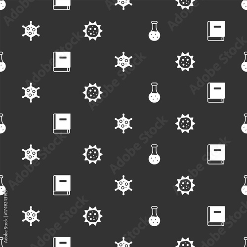 Set Test tube, Science book, Virus and on seamless pattern. Vector
