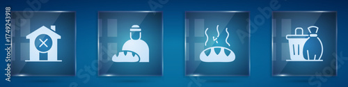 Set No house, Feeding the homeless, Donation food and Trash can. Square glass panels. Vector