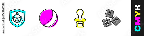 Set Baby on shield, Beach ball, dummy pacifier and ABC blocks icon. Vector