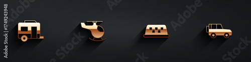 Set Rv Camping trailer, Helicopter, Taxi car roof and Off road icon with long shadow. Vector