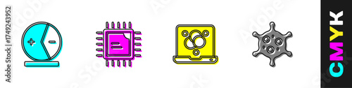 Set Atom, Processor CPU, Chemical formula and Virus icon. Vector