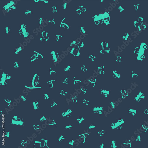 Set Scooter, Oil tanker ship, Windsurfing and Pickup truck on seamless pattern. Vector