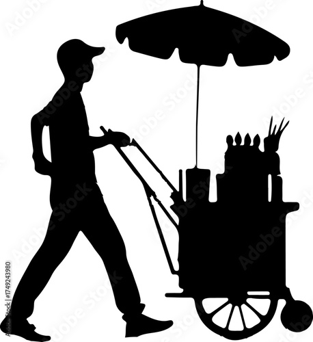 Silhouette of a street vendor pulling a food cart in an alley. The vendor wears a hat and the cart has an umbrella for shade.