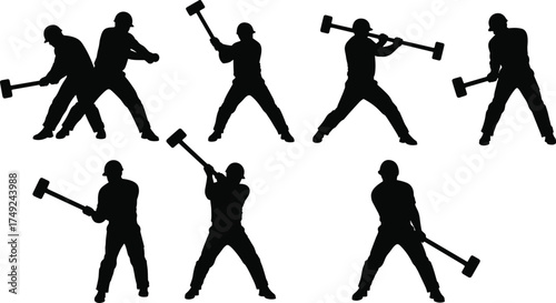 Construction worker silhouettes using sledgehammer tool industrial labor strength power safety helmet vector illustration building demolition teamwork occupational site concept