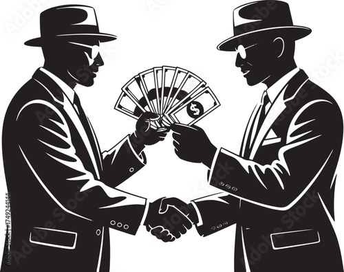 Two men in hats and suits shaking hands with money