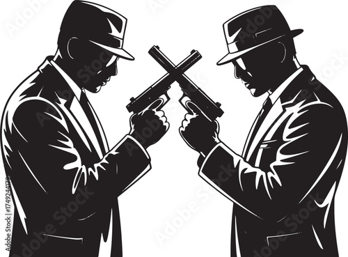 Two men in suits and fedoras holding crossed pistols