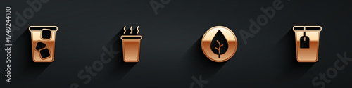 Set Ice tea, Cup of, Tea leaf and with bag icon with long shadow. Vector