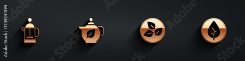 Set French press, Teapot with leaf, and icon with long shadow. Vector