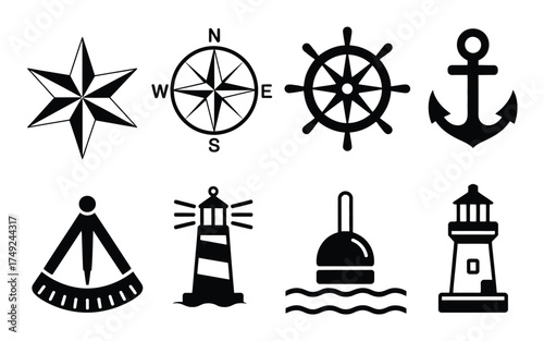 Set of eight black and white nautical icons and symbols for marine navigation and maritime themes silhouette