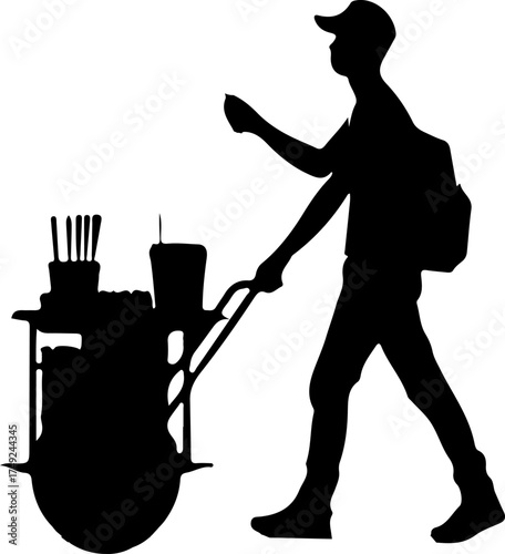 Silhouette of a street vendor in an alley pushing their food cart. The vendor is wearing a cap and backpack, seemingly gesturing while walking.