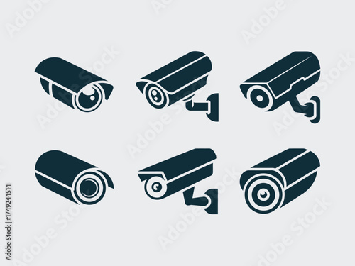 Collection of six minimalist vector illustrations of security surveillance cameras scalable for eps format silhouette
