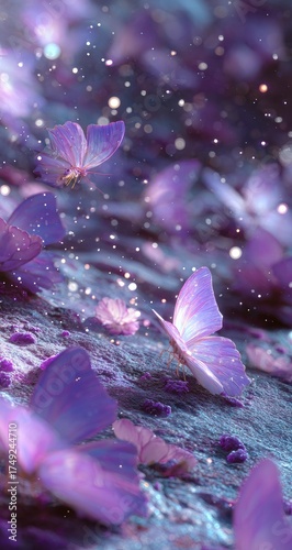 Purple butterflies in a magical dreamscape with bokeh effect background