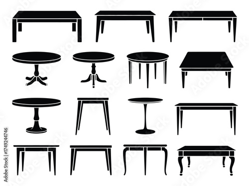Collection of diverse silhouette tables vector graphics for design projects silhouette