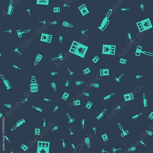 Set Matchbox and matches, Meat chopper, Camping gas stove and Kitchen hammer on seamless pattern. Vector