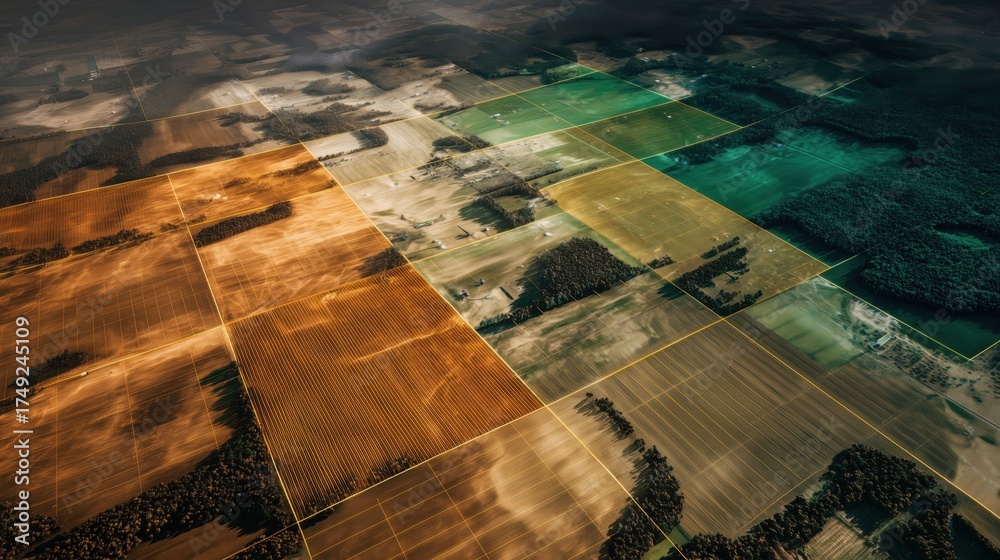 Fototapeta premium Aerial abstract farmland — green, orange & teal gradient for agricultural reports, presentations and backgrounds