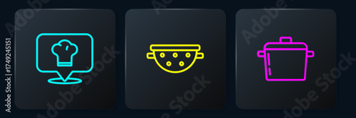 Set line Chef hat with location, Cooking pot and Kitchen colander. Black square button. Vector