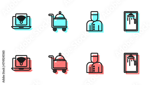Set line Concierge, Wireless laptop, Covered with tray and Shower cabin icon. Vector
