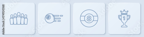 Set line Bowling pin, Billiard ball, and Award cup. White square button. Vector