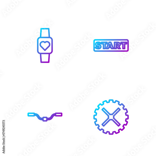 Set line Bicycle sprocket crank, handlebar, Smart watch and Ribbon in finishing line. Gradient color icons. Vector