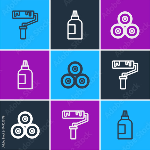 Set line Paint roller brush, spray can and Paint, gouache, jar, dye icon. Vector
