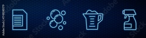 Set line Washing powder, Laundry detergent, Soap water bubbles and Cleaning spray bottle. Glowing neon icon on brick wall. Vector