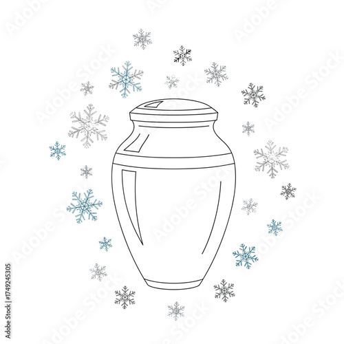 Ashes urn surrounded by snowflakes