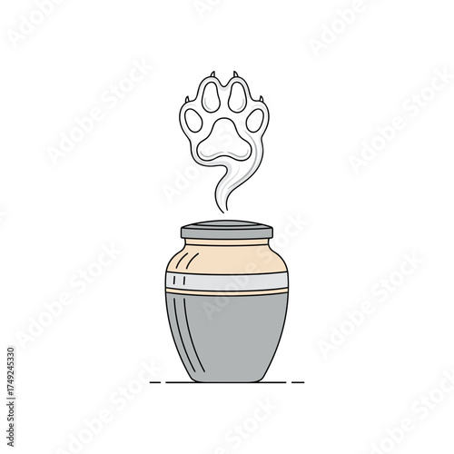 Pet ashes urn with rising smoke in paw shape