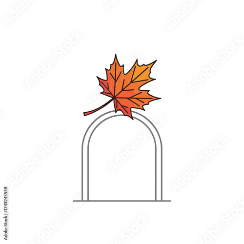 Autumn maple leaf on gravestone arch, isolated on white background