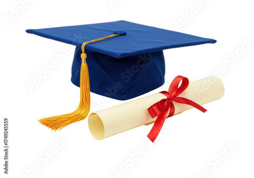 Blue graduation cap and diploma with red ribbon isolated, academic achievement for education and celebration PNG