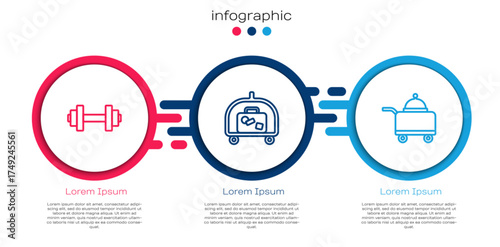 Set line Dumbbell, Hotel luggage cart and Covered with tray of food. Business infographic template. Vector