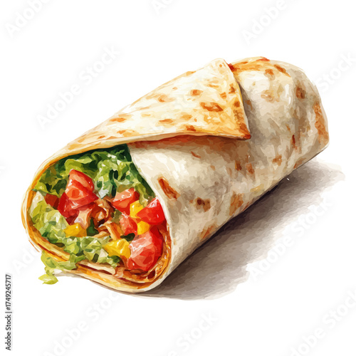 Realistic Burrito watercolor drawing vector, premium quality illustration on a clean white background.