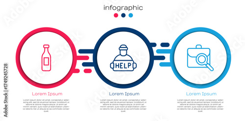 Set line Bottle of water, Help homeless and Work search. Business infographic template. Vector