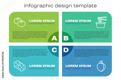 Set line Cracker biscuit, Bread loaf, Plum fruit and Asian noodles in bowl. Business infographic template. Vector