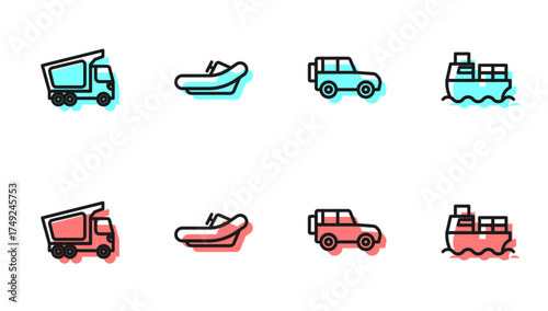 Set line Off road car, Delivery cargo truck, Rafting boat and Cargo ship with boxes delivery icon. Vector