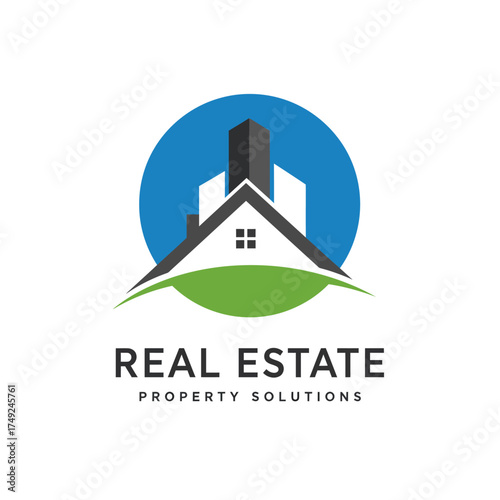 House logo, roof logo blue and green, real estate logo